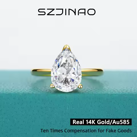 D VVS1 Moissanite Diamond Rings Real 14K Gold Water Drop 7*10mm 2CT for Women Anniversary Wedding Ri