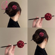 OCEANMAP Wooden Hair Stick, Simulated Flowers Wine Red Hanfu Hairpin, Cute Headwear Chinese Style Hair Accessories Rose Flower Hair Clip Hanfu Accessories