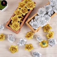FS 5PCS 4cm Mini Xmas Flower Artificial Roses Head Gold Silver Flowers for Wedding Home Decoration C