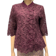 เสื้อลูกไม้คอตตอน ซับในลินิน ผู้ใหญ่ อก 38" 40" 42" 44" 46" 48" 50" อินกะออย In Ka Oil สีไวน์แดง/ขาว