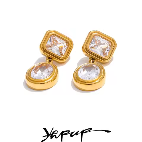 Yhpup Delicate Shiny Cubic Zirconia Square Drop Round Earrings Luxury Fashion Stainless Steel Daily 