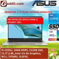 ASUS ZENBBOK S 13 OLED UX5304V-ANQ033WS LAPTOP ( I5-1335U,16GB,512GB SSD,13.3"2.8K.IRIS Xe GRAPHICS,WIN11)FREE SLEEVE + PRE-INSTALLED OFFICE H&amp;S