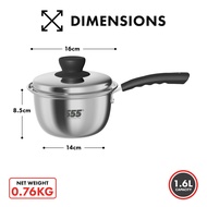 555 Premium Stainless Steel Saucepan - 304 Stainless Steel 0.88mm Thickness - Suitable for Gas Induc