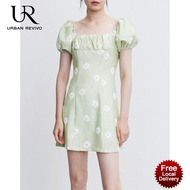 URBAN REVIVO Women floral dress Daisy embroidery Elegant Summer Square Collar Puff Sleeve Midi Tunic A- Line Dress