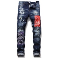 DSQUARED2 Brand New Mens Jeans Mens Casual Slim Hole Applique D2 Denim Pants Street Retro Hip Hop El