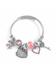 Pulsera linda Hello Kitty Y2K Anime Kawaii de una pieza, joyería de plata con diamantes de imitación para mujeres / niñas, accesorios de regalo, pulsera de brillo