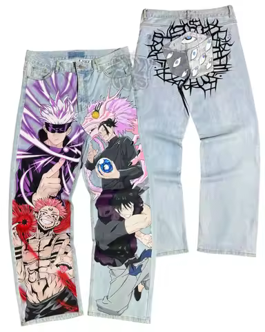 Y2K Vintage Harajuku Anime Graphic Jean Streetwear Retro Japanese Cartoon Print Loose Fit Denim Pant