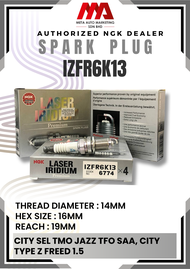 NGK SPARK PLUG LASER IRIDIUM (IZFR6K13) - HONDA CITY 1.5 i-VTEC 2009-2013  FREED 1.5 i-VTEC 2010  JA
