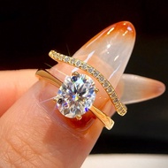 2Pcs/Set 2ct Oval Shape & Single Row Design Colorless Moissanite Diamond 2 In 1 Double Rings Set Lad
