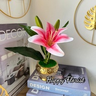 HAPPY Bunga Lily Latex Hias Plastik Artificial Palsu dengan Vas Gold Dekorasi Pajangan Meja Mewah