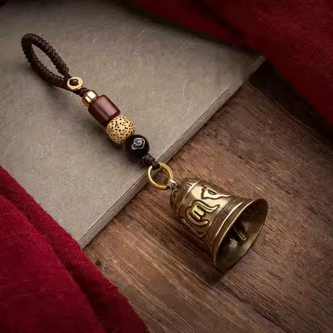 1pc Vintage Brass Tibetan Buddhism Six-word Mantra Bell Keychains Lanyard Pendants Handmade Rope Car