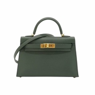 Hermes 展示品 Mini Kelly 2代 Epsom牛皮手提斜背包(Q0灰綠/K刻金釦)