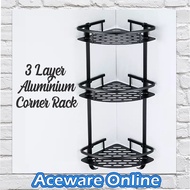 3 Tiers Aluminium Corner Rack Three Layer Kitchen Bathroom Shower Shelf with 2 Hooks - Black