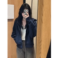 Áo Khoác Nữ Mỏng Vai Thẳng Màu Xanh Navy Áo Hoodie Cardigan Chất Vải Nỉ Mềm Mịn Thoải Mái Form Basic