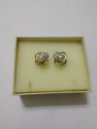 12k Gold Pearl Earrings Fine Diamond-Inlaid 7mmK Golden Table 17mm Non-Italy 585 Quality Good No. 46