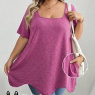 Magenta Curve Plus Size Square Neck Asymmetric Hem Pocket Short Sleeve T-Shirt,Summer Smart Casual H