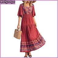 Women Dress Ethnic Bohemian Style Printing V Neck Short Sleeves Elastic Waist Pleated Patchwork A-li