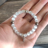 C *.H Original Label 1: 1 White Cat's Eye 8MM925 Silver Bead Bracelet European American Distressed H