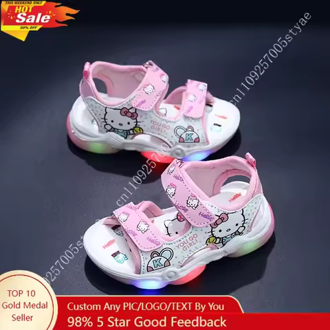Hello Kitty Cat Girls' Summer Glow Sandals with Lights Sandal Summer New Fashion Cartoon Beach Footw