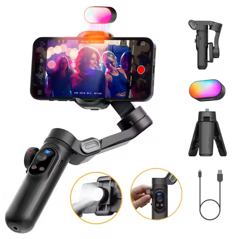 AOCHUAN 3-Axis Gimbal Stabilizer For Smartphone w/RGB Magnetic Fill Light Phone Gimbal for iPhone/An