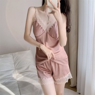 Sexy Nightwear 性感睡衣 新款性感睡衣女夏款薄款两件套带胸垫蕾丝吊带睡衣冰丝套装03.25