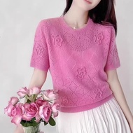 European European Pink Knitted Short-Sleeved T-Shirt Women Summer Thin Three-Dimensional Hollow T-Sh