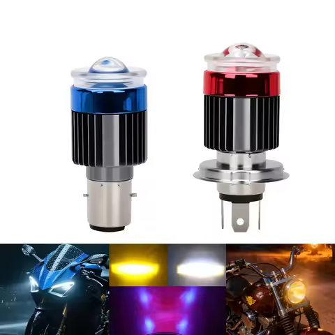 1PC White Yellow Strobe Motorcycle Headlight 2 Color H4/H6 BA20D With Red Devil Eyes High/Low Beam M