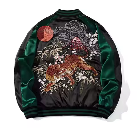 New High Street Fashion Men Boys Tiger Bamboo Sakura Heavy Work Embroidered Green Sukajan Souvenir J