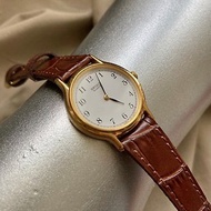 SEIKO 金色圓形錶殼 白色太空軌道時標 真皮錶帶 古董錶 vintage