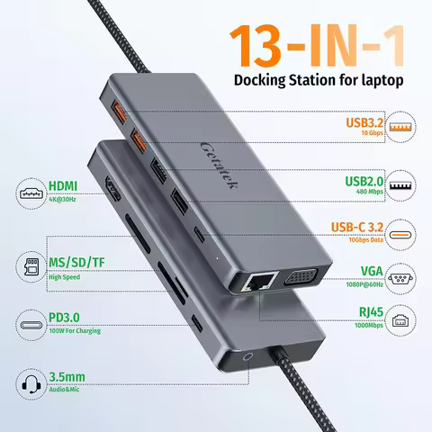 Getatek 13 in 1 Laptop USB C Docking Station 10Gbps USB C Hub with USB 3.2 Hub 4K HDMI VGA 100W PD C