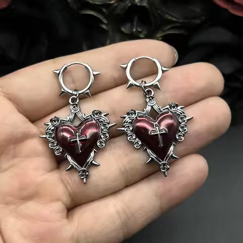 Goth Jewelry Thorns Heart Cross Earrings Red Drip Oil Rose Flower Earrings for Women Punk Charms Acc