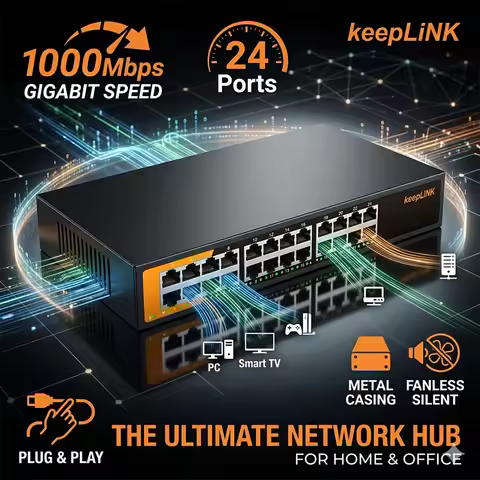 KeepLiNK 24 Port Gigabit Switch 10/100/1000Mbps Unmanaged Network Ethernet For Hub Metal Fanless Plu