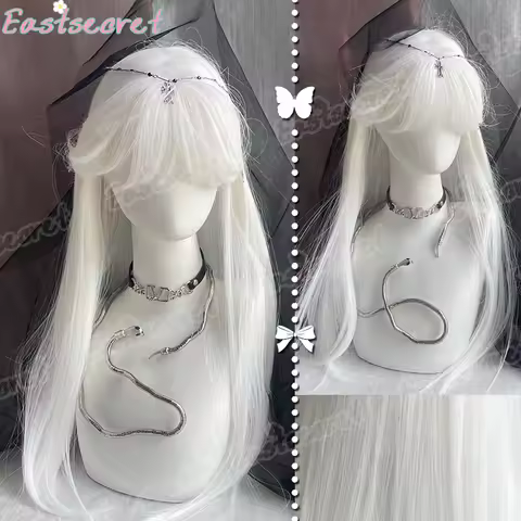 EAST Cosplay Wig With Bangs Synthetic Straight Hair 28 Inch Long Heat-Resistant White Wig For Women 