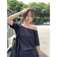 COD Korean-American Style Solid Color Loose Off-Shoulder T-Shirt for Women - HT8G