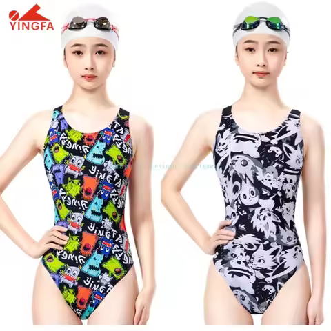 Yingfa Chlorine Resistant Women's Cartoon Printed Training Swimsuit Professional Swimwear for Pool T