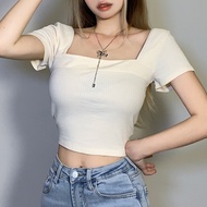 KA5 year-summer basic solid color short navel dress Korean fashion square collar slim short-sleeved 