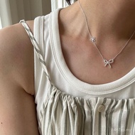 925 Sterling Silver Bow Diamond Necklace Female Simple Bright Silver Silver Jewelry Sweet Cute 0439G