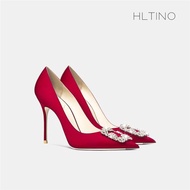HLTINO紅色冬季綢緞水鉆婚宴鞋