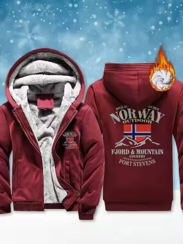 Norway Fjords And Mountains Printing Men's Streetwear Casual Fashion Hooded Jacket Thick Winter Coat