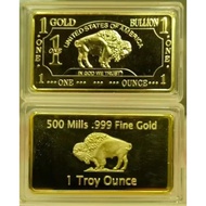 1 oz USA American Buffalo 500 Mills .999 Fine Gold Plated Bar 1oz