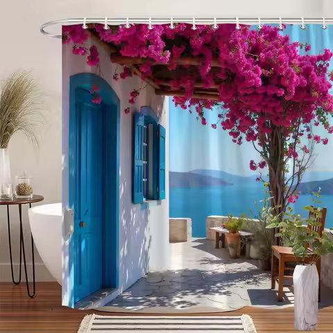 1pc Greek Island Patio Shower Curtain - Vibrant Coastal Scene with Bright Blue Shutters, Cascading P