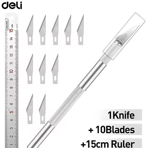 1 Pcs Deli Craft Knife Knife Exacto Knife Aluminum Alloy Art Knife with 1pcs Steel 15CM Ruler 11 Pcs
