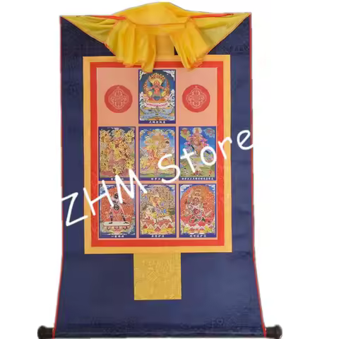 Exquisite Tibetan Thangka Hanging Scroll - Nyingma Seven Protectors Buddhist Altar Decor with Gold G