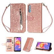 For Huawei P20 Pro /P30 / P30 Pro / P30 Lite / P40 / P40 Pro / P40 Lite / P20 Lite 2019 Glitter Zip Wallet Leather Phone Case Multi-Function Flash Case Bracket Phone Case
