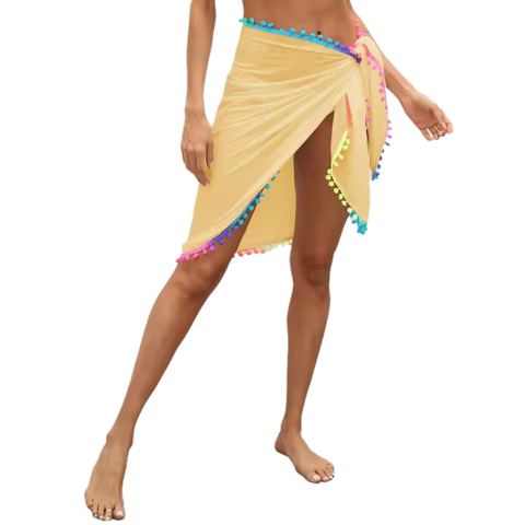 Colorful Pompom Tassel Swimsuit Wrap Skirt Sheer Mesh Chiffon Skirt Bikini Cover Irregular Design Sh