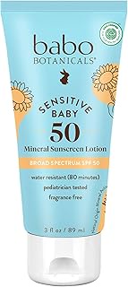 Babo Botanicals Sensitive Baby Mineral Sunscreen Lotion SPF50 - Natural Zinc Oxide - Face & Body - F