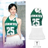 A aespa Ningyizhuo Same Style Green Letter Print Halterneck Vest Sports Jersey White Pleated Skirt H