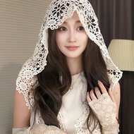 Handmade Crochet Hollow Knitted Shawl Integrated Hat Female Korean Fashion Travel Shawl Sunshade Sun