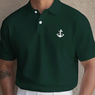 Men's Casual Printed Button-Up Polo Shirt, Korean Style Yacht Outfit Men College Style Pattern Polo 