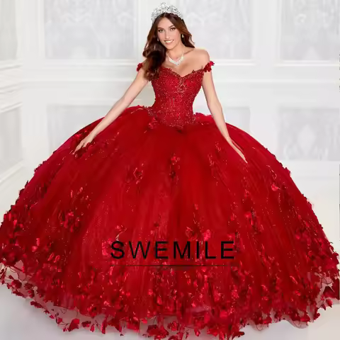 SWEMILE 3D Flowers Quinceanera Dresses for 15 Off the Shoulder Appliques Lace up Xv dresses Customiz